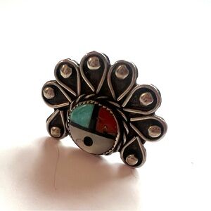 Vintage Indigenous handmade Silver turquoise Zuni sun god ring American 6